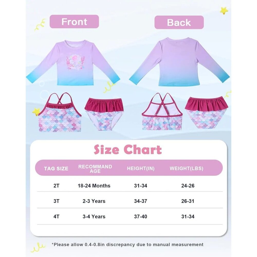 Toddler 3T Girls Mermaid Swim Set 4-Piece UPF 50+ Rash Guard Tankini Pink Purple - Picture 12 of 12